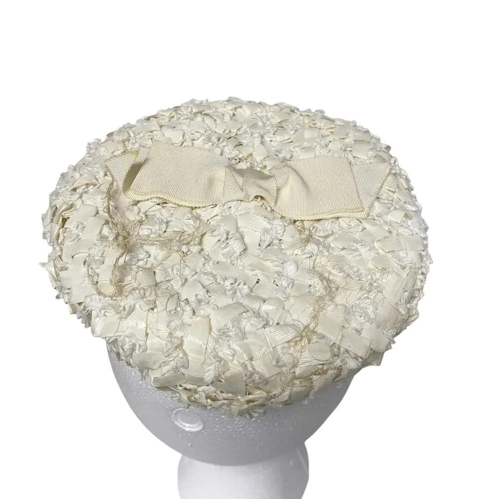 Vintage Gertrude California Womens Ivory Bow Pillbox Fascinator Hat